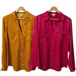 Candie's Women's Sateen Blouses Set of 2 Medium Leopard Print Collared